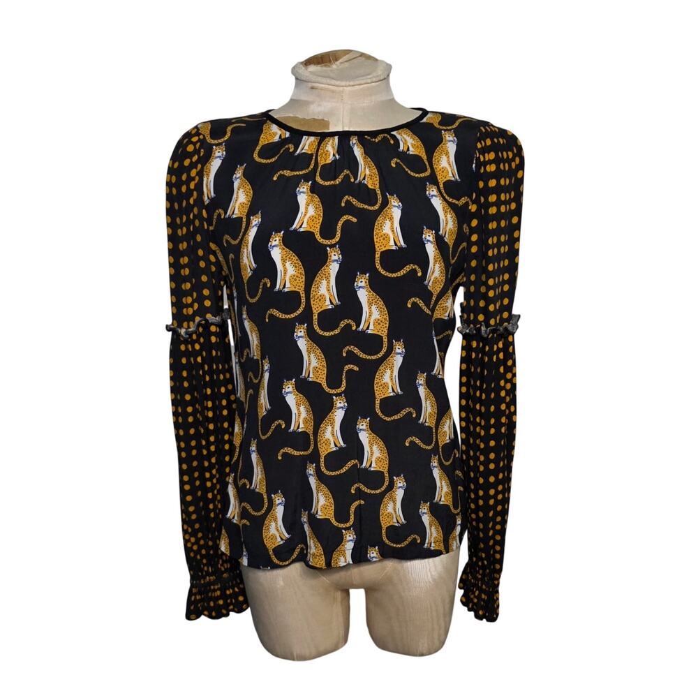 Leopards Polka Dot BLANK LONDON Women's XS Black Orange Rayon long sleeve top‎